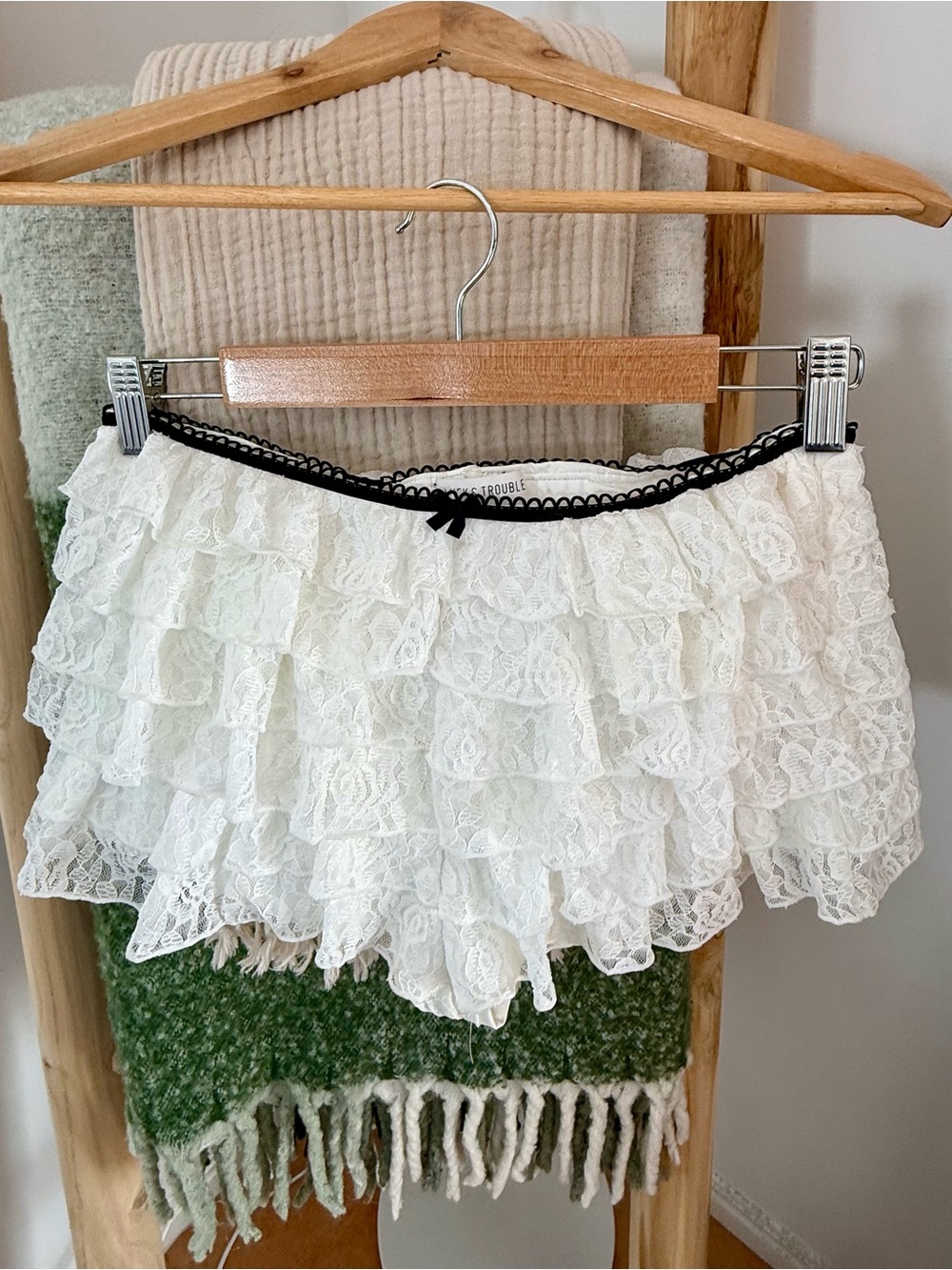 Luck & Trouble White Tiered Lace Mini Shorts with Black Trim